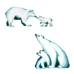 watercolor illustration of a she-bear and a bear cub sitting side by side. Elements on a white background