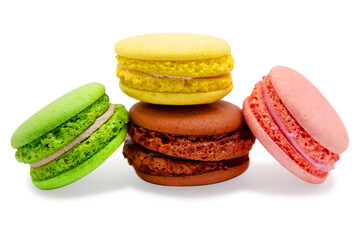 beautiful bright macaron cookies on a white background for your cafe design