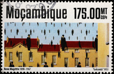 Golconda by René Magritte on postage stamp