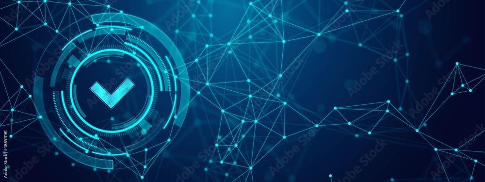 Poster vector neon background with digital tick in circle. pattern plexus of network lines. design quality 
