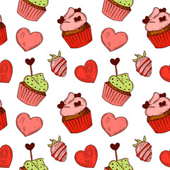 Hand drawn colorful Valentines Day seamless pattern. Vector illustration in sketch style