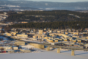 Fototapeta na wymiar Sundsvall, Sweden A view over the frozen city on a winter day. 