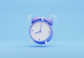 3D illustration Blue alarm clock on blue background with copy space. Minimalistic background, concept of time