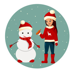 A cartoon girl sculpts a snowman on the street.	