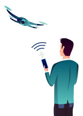Smart farming. Man with mobile app on his smartphone using quadcopter, IOT. Digital farmers technology vector illustration