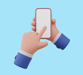 3D illustration Hand hold and touch a smart phone with on Purple Background 