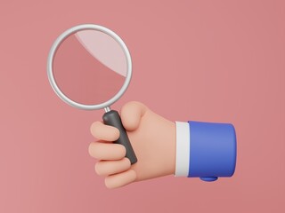 Hand holding a Magnifying glass on pink background