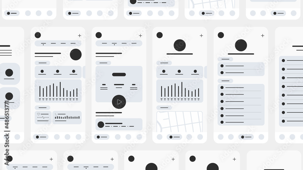 Aufkleber Set of UI UX Wireframes, GUI screens any app flat design template for mobile apps, responsive website application wireframes. Web design UI kit.