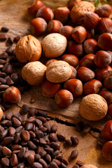 Siberian pine nuts, hazelnuts and walnuts on wooden board