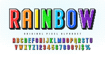 Pixel vector alphabet design, stylized like in 8-bit games. © Aleksandr