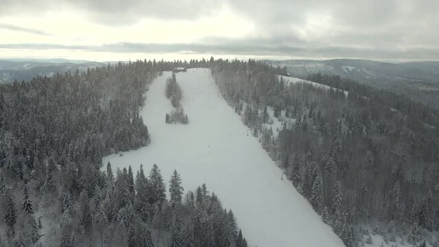Ski Runs on Snowy Slopes of the Ukraine Mountaintops - Aerial