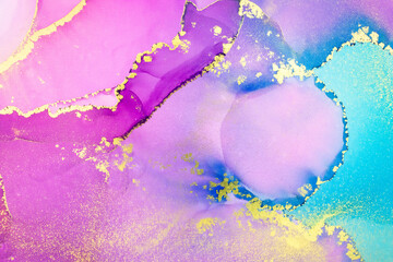 Abstract fluid art painting background in alcohol ink technique, mixture of magenta, purple and blue paints. Transparent overlayers of ink create glowing golden veins and gradients. - 486514343
