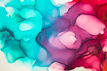 Abstract fluid art painting background in alcohol ink technique, mixture of magenta, purple and blue paints. Transparent overlayers of ink create veins, swirls and gradients. - 486514379