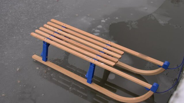 Wooden Sled on Thin Ice Lake, Danger of Drowning in Ice-Hole in Winter
