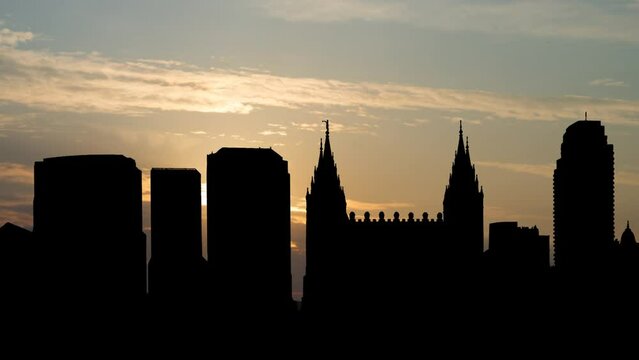 Utah Jazz Salt Lake City Downtown Skyline Silhouette Sunrise Timelapse with Colorful Clouds