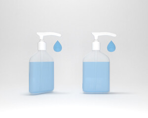 Icon of plastic transparent sanitizer bottle in two angles. 3d rendering. 