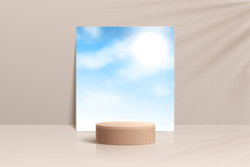 Realistic beige 3D cylinder pedestal podium with sunny cloud blue sky in square mirror glass. Minimal scene for products showcase, Stage promotion display. Vector abstract studio room platform design.