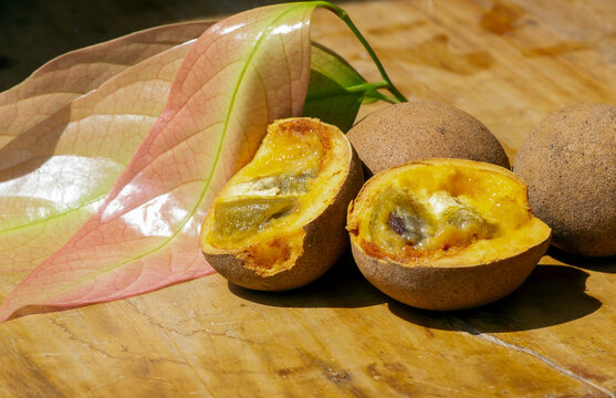 Ripe Kepel fruits or burahol (Stelechocarpus burahol) with young green leaves on wooden table