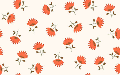 Seamless floral pattern based on traditional folk art ornaments. Colorful flowers on light background. Scandinavian style. Sweden nordic style. Vector illustration. Simple minimalistic pattern