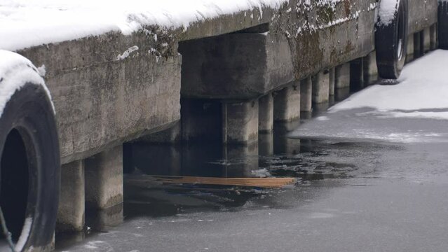 Wooden Sled on Thin Ice Lake, Danger of Drowning in Ice-Hole in Winter