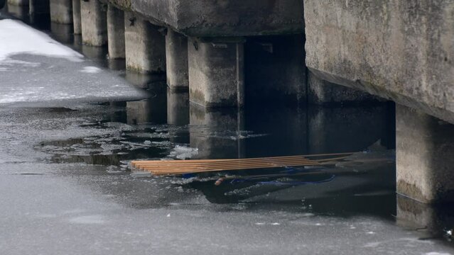 Wooden Sled on Thin Ice Lake, Danger of Drowning in Ice-Hole in Winter