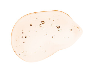 Serum gel toner drop. Skincare liquid product texture with bubbles. Yellow cosmetic swatch isolated on white background