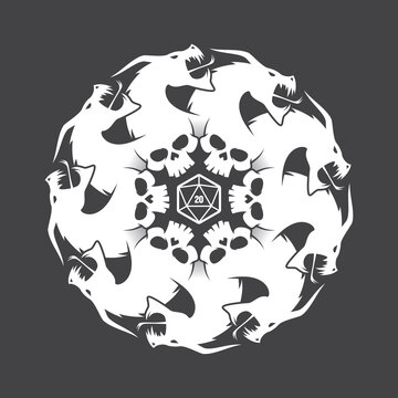 Vector circle symbol of 20 double-sided dice around the head of the dragon and skulls. Board Games. Isolated on dark background.