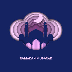 Papercut ramadan background. illustration of a background with dome mosque, cloud, and night scene.