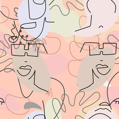 One line drawing. Abstract face seamless pattern.