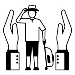 Person with Luggage and Protected with Human Hand Stock Illustration, Holiday and Travel Insurance Concept Vector Icon Design, Financial loss Protection Symbol, Risk management Sign, 