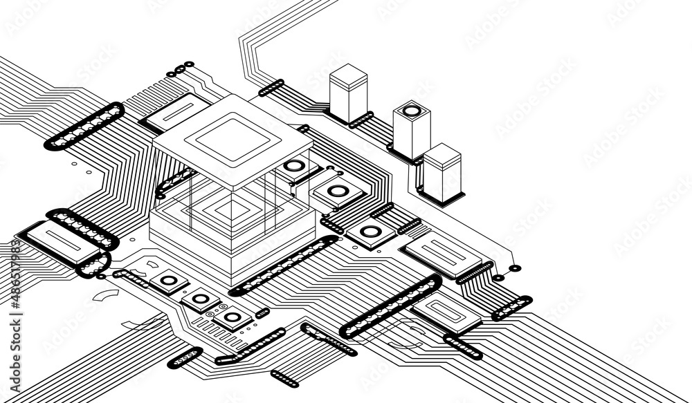 Poster electronic cpu digital chip monochrome. processor and electronic components on motherboard or circui