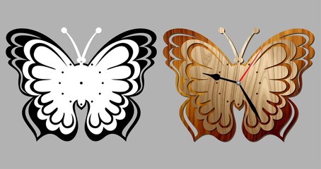 Two layers decorative butterfly wall clock. Template for wood, metal plate or acrylic laser cutting 