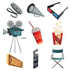 Cinema icons set. Movie industry objects. Design elements for movie theater or theme of cinema. Isolated stickers