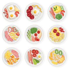 Collection of breakfasts or lunchs top view. Delicious, healthy food on porcelain dishs. Classic hearty breakfasts. Nicely served food on white plates