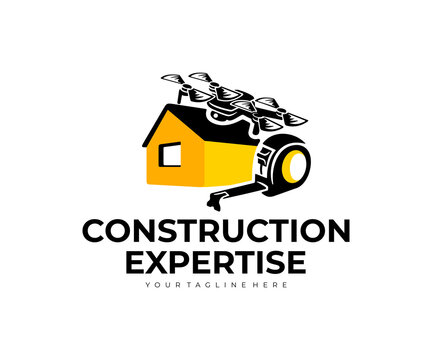 Construction expertise, home, tape measure, drone and quadcopter, logo design. Construction, house and building inspection, vector design and illustration