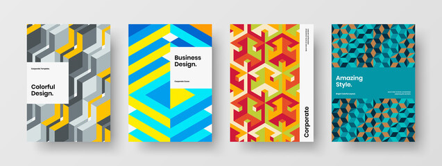 Fresh handbill design vector concept collection. Clean geometric hexagons book cover layout bundle.