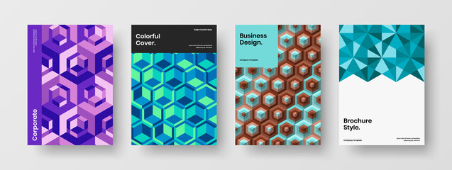 Fototapeta premium Bright geometric hexagons book cover illustration set. Trendy poster A4 design vector template composition.