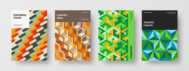 Fresh catalog cover design vector concept composition. Minimalistic mosaic hexagons booklet layout set.