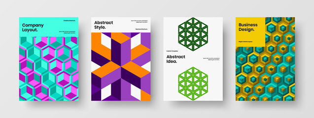 Fototapeta premium Isolated magazine cover design vector layout collection. Bright geometric tiles placard template composition.