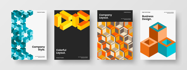Fototapeta premium Fresh geometric shapes placard template collection. Vivid book cover A4 vector design concept set.