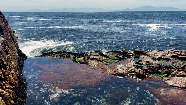 Waves slowly washing over rocks and a rockpool