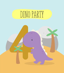 Birthday Party, Greeting Card, Party Invitation. Kids illustration with Cute Dinosaur and an inscription four. Vector illustration in cartoon style.