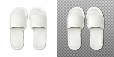3d realistic vector icon. White slippers on white and transparent background. Top view. Salon, spa and brand banner template.