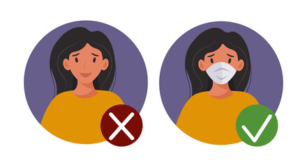 No entry without face mask. Woman in and without medical mask. Advertisement for the protection and prevention coronavirus. Vector illustration in flat style.