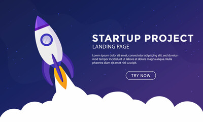 Rocket ship in a flat style. Space rocket launch.Project start up and development process. Business Startup launching product with rocket concept. Vector stock