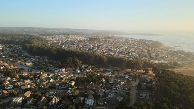 Aerial parallax of houses and pine woods near sea shore at golden hour in El Canelillo beach, Chile