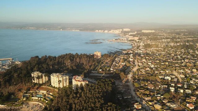Aerial parallax of houses and apartments between pine woods near sea shore at golden hour, El Canelillo beach, Chile