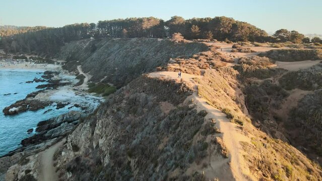 Aerial dolly flying over Pe&ntilde;a Blanca islet in rocky seashore near pine forest at golden hour, El Canelillo beach, Chile