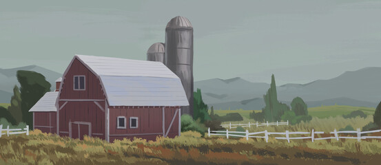 A digital illustration of an abandoned red barn in a countryside livestock farm scenery.