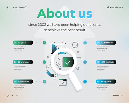 Slide about us, about company. Thin line and volume element design using infographics and icons. Six stages. Used for presentations, banner, flowchart. Flat vector business infographic template. EPS10
